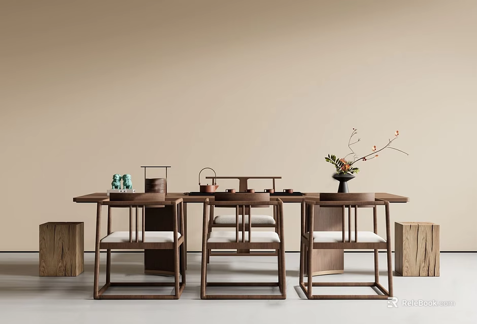 Modern Wooden Tea Table and Chairs with Tea Set Flower Vase and Decorations 3d model 