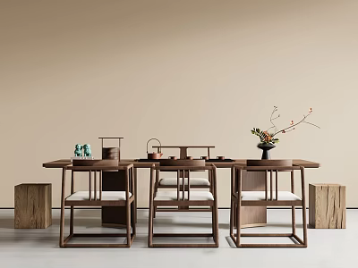 Modern Wooden Tea Table and Chairs with Tea Set Flower Vase and Decorations 3d model