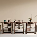 Modern Wooden Tea Table and Chairs with Tea Set Flower Vase and Decorations