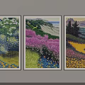 Three Landscape Paintings Hung on Wall with Colorful Flower Fields Mountains and Sea
