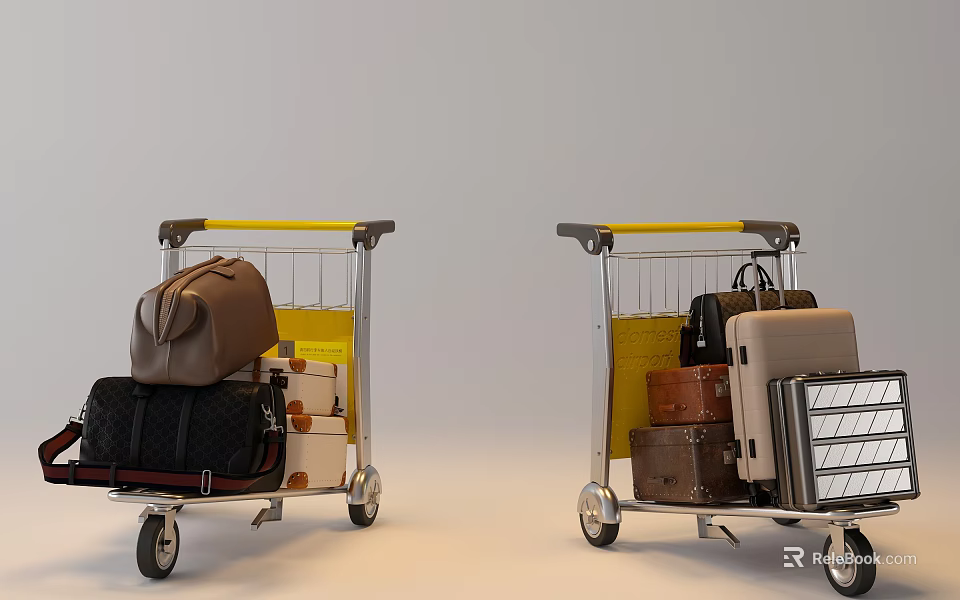 Two Luggage Carts With Yellow Handles Loaded With Suitcases And Travel Bags 3d model 