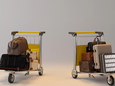 Two Luggage Carts With Yellow Handles Loaded With Suitcases And Travel Bags 3d model