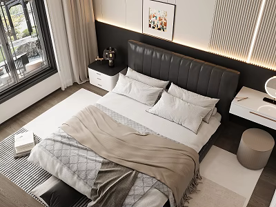 Modern Bedroom Interior With Black Leather Headboard White Bedding Nightstand Window Curtains And Framed Artwork 3d model