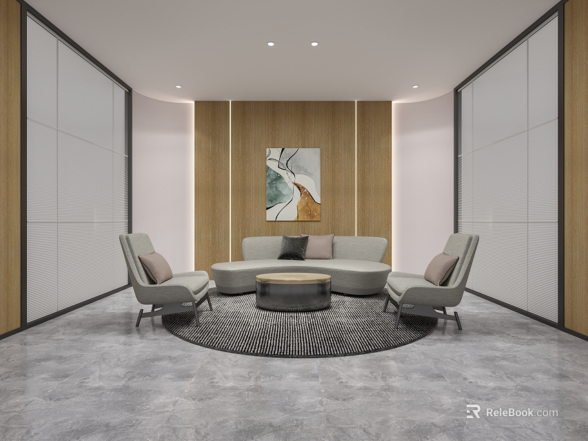 Modern Lounge Area Interior Design With Round Sofa Armchairs And Wall Artwork 3d model 