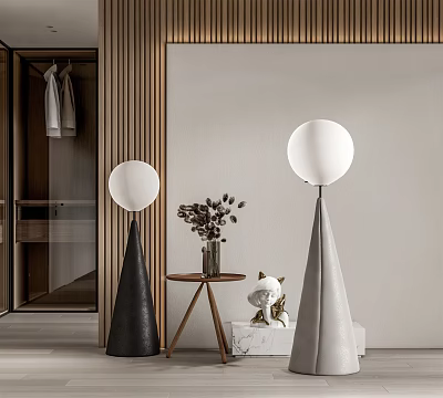 Modern Floor Lamps With Conical Bases White Globe Shades Wooden Table And Accent Wall 3d model