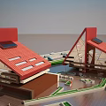 Modern Building Complex with Tilted Red Roofs Green Lawns Water Area and Geometric Design