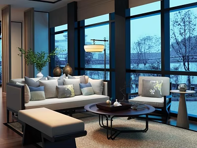 Modern Sofa Coffee Table Set With Throw Pillows Large Windows Scenic View And Green Plants 3d model
