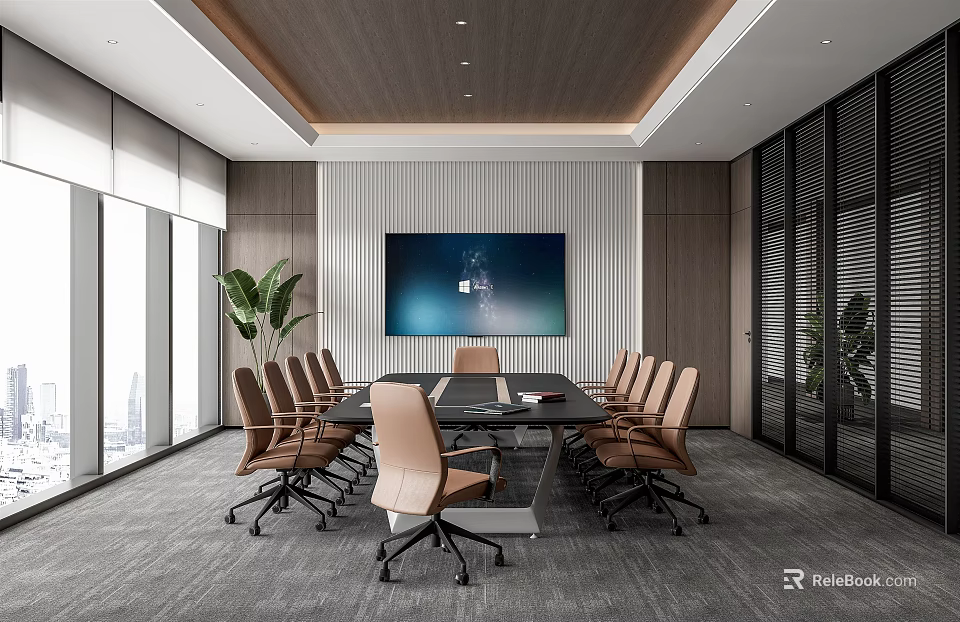 Modern Meeting Room Interior With Large Screen Conference Table Office Chairs Plants And Natural Light 3d model 