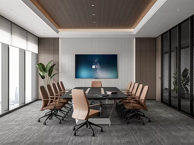 Modern Meeting Room Interior With Large Screen Conference Table Office Chairs Plants And Natural Light 3d model