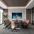 Modern Meeting Room Interior With Large Screen Conference Table Office Chairs Plants And Natural Light