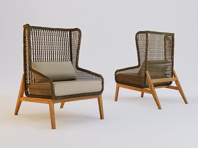 High Back Rattan Leisure Chairs With Wooden Frame And Gray Cushions 3d model