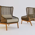 High Back Rattan Leisure Chairs With Wooden Frame And Gray Cushions