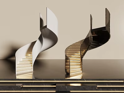 Elegant White and Gold Spiral Staircase with Modern Metallic Structure and Design 3d model
