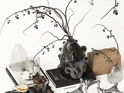 Decorative Ornament Set with Black Ceramic Vase Berry Branches Glass Vase Books Chocolates Metal Stand 3d model