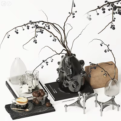 Decorative Ornament Set with Black Ceramic Vase Berry Branches Glass Vase Books Chocolates Metal Stand 3d model