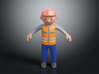 3D Construction Worker Character With Orange Hard Hat Reflective Vest And Blue Pants 3d model