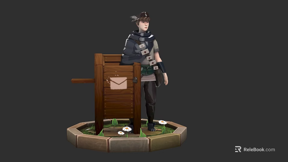 Adventurous Character Standing By Wooden Mailbox With Grass And Small Flowers On Circular Stone Base 3d model 