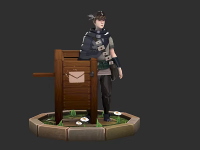 Adventurous Character Standing By Wooden Mailbox With Grass And Small Flowers On Circular Stone Base 3d model