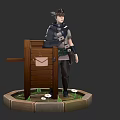 Adventurous Character Standing By Wooden Mailbox With Grass And Small Flowers On Circular Stone Base