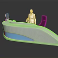 Modern White Reception Desk Design With Curved Shape Sleek Surface And Blue Accents