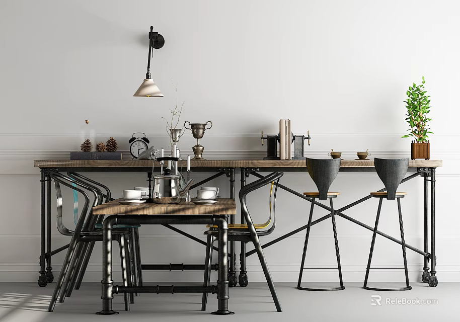 Industrial Style Dining Table Set With Chairs Bar Stools Vases Trophies And Potted Plant 3d model 
