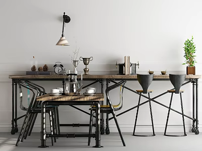 Industrial Style Dining Table Set With Chairs Bar Stools Vases Trophies And Potted Plant 3d model