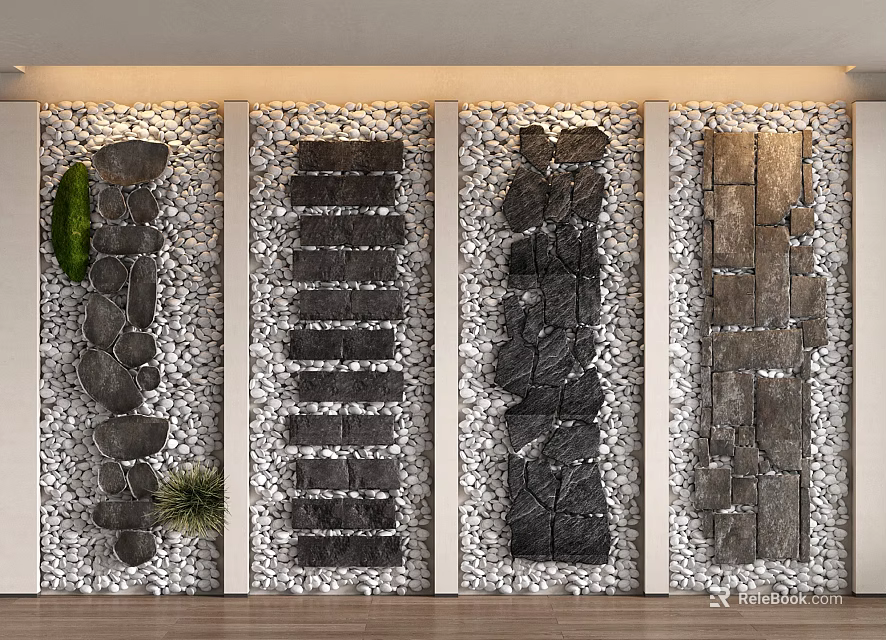 Various Stepping Stones Designs With White Pebbles And Green Plant Decor 3d model 