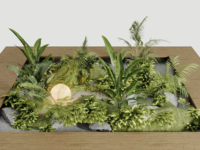 Lush Courtyard Garden Landscape Design With Various Green Plants Rocks Sand And Decorative Round Element 3d model