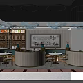 Modern Chinese Restaurant Interior With Curved Golden Counter Green Seats And Chandeliers