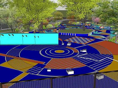 Colorful Outdoor Kids Play Area With Floor Patterns Trees Play Equipment And Water Pool 3d model