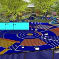 Colorful Outdoor Kids Play Area With Floor Patterns Trees Play Equipment And Water Pool