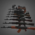 Various Military Weapons Display Including Rifles With Wooden Stocks And Metal Parts