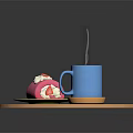 Pink Dessert With Strawberry Decoration And Blue Steaming Coffee Cup On Wooden Round Tray