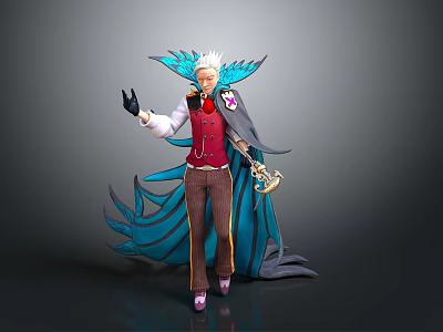 Man With White Hair Red Vest And Blue Cape Holding Staff In Stylish Outfit 3d model