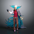 Man With White Hair Red Vest And Blue Cape Holding Staff In Stylish Outfit