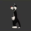 Cartoon Black and White Cat Character with Red Nose Big Eyes Standing Pose