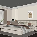 Modern Warm Bedroom Interior Design with Plush Bed Headboard Pillows Blanket Window Curtains and Artwork