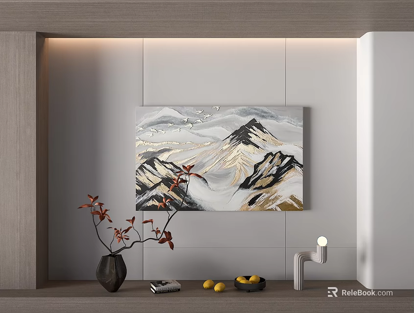 Abstract Painting Mountain Gray White Gold Tones Modern Interior With Vase Red Branches And Lamp 3d model 