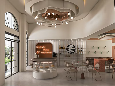 Modern Cozy Cafe Interior Design With Cake Display Tables Chairs And Hanging Lights 3d model