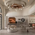 Modern Cozy Cafe Interior Design With Cake Display Tables Chairs And Hanging Lights