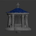 Cartoon Scene of Small Pavilion with Blue Roof Cross and Gray Stone Pillars