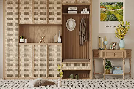 Log Wind Entrance Cabinet Storage Cabinet Decorative Cabinet Shoe Changing Stool Shoe Cabinet Hanger Clothes Clothing Entrance Cabinet End View Desk 3d model