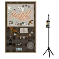Wall with Vintage Map Photos Notes Pegboard Bunting Lantern Hat And Floor Lamp