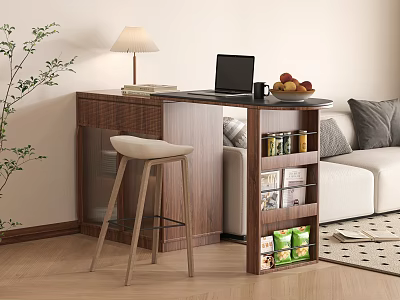 Modern Wooden Bar Counter In Living Room With White Stool Laptop Fruits Table Lamp And Books 3d model
