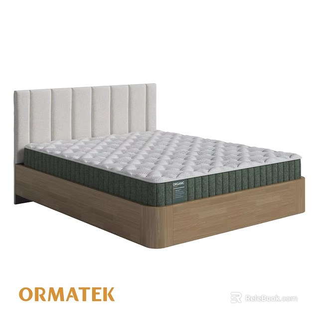 Modern Double Bed With White Vertical Stripe Headboard Diamond Pattern Mattress And Wooden Frame 3d model 