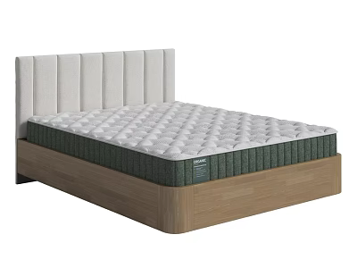 Modern Double Bed With White Vertical Stripe Headboard Diamond Pattern Mattress And Wooden Frame 3d model