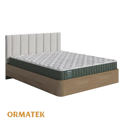 Modern Double Bed With White Vertical Stripe Headboard Diamond Pattern Mattress And Wooden Frame 3d model