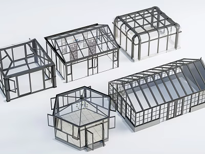 Multiple Sunroom Frame Structures With Different Designs And Glass Panels 3d model