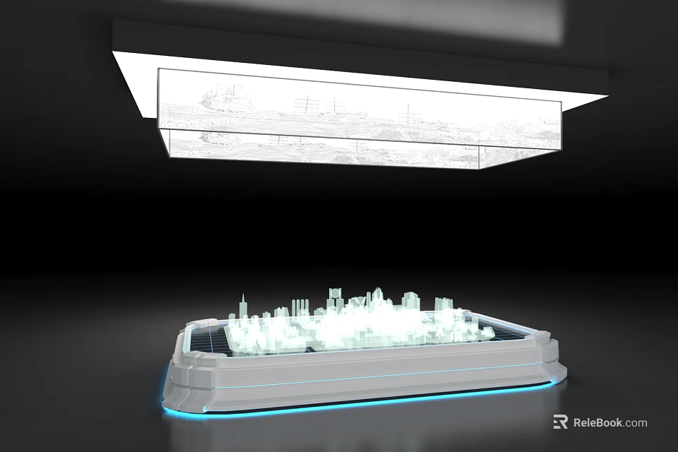 White City Model With Blue Lights At Bottom And Transparent Display Board Above Black Background 3d model 