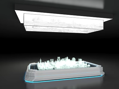 White City Model With Blue Lights At Bottom And Transparent Display Board Above Black Background 3d model